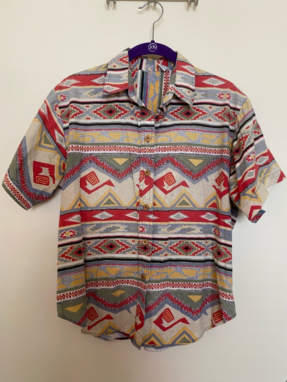 Short-Sleeve Aztec Print Button-Up Shirt